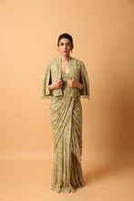 Load image into Gallery viewer, Green Printed Stitched Sari + Blouse + Gilet
