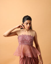 Load image into Gallery viewer, Rose Pink Peplum Top + Drape Skirt
