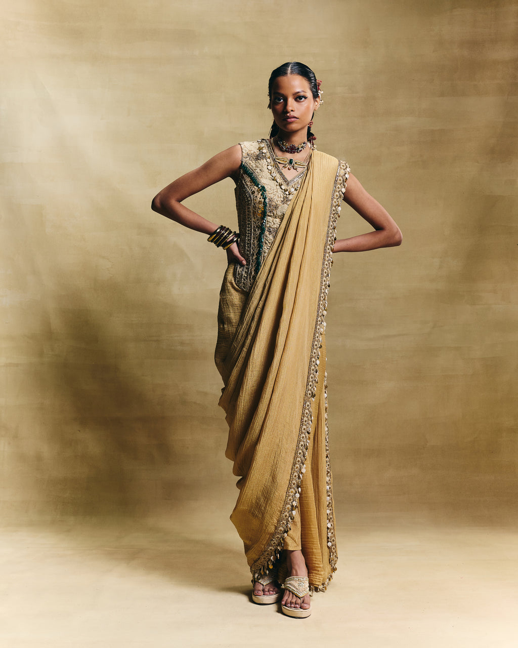 Gold stitched saree set