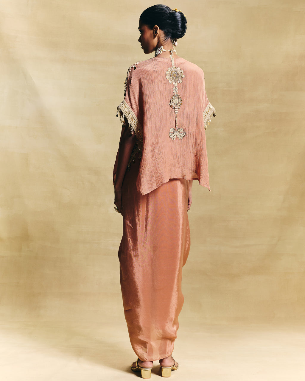 Peach kaftan top & draped skirt