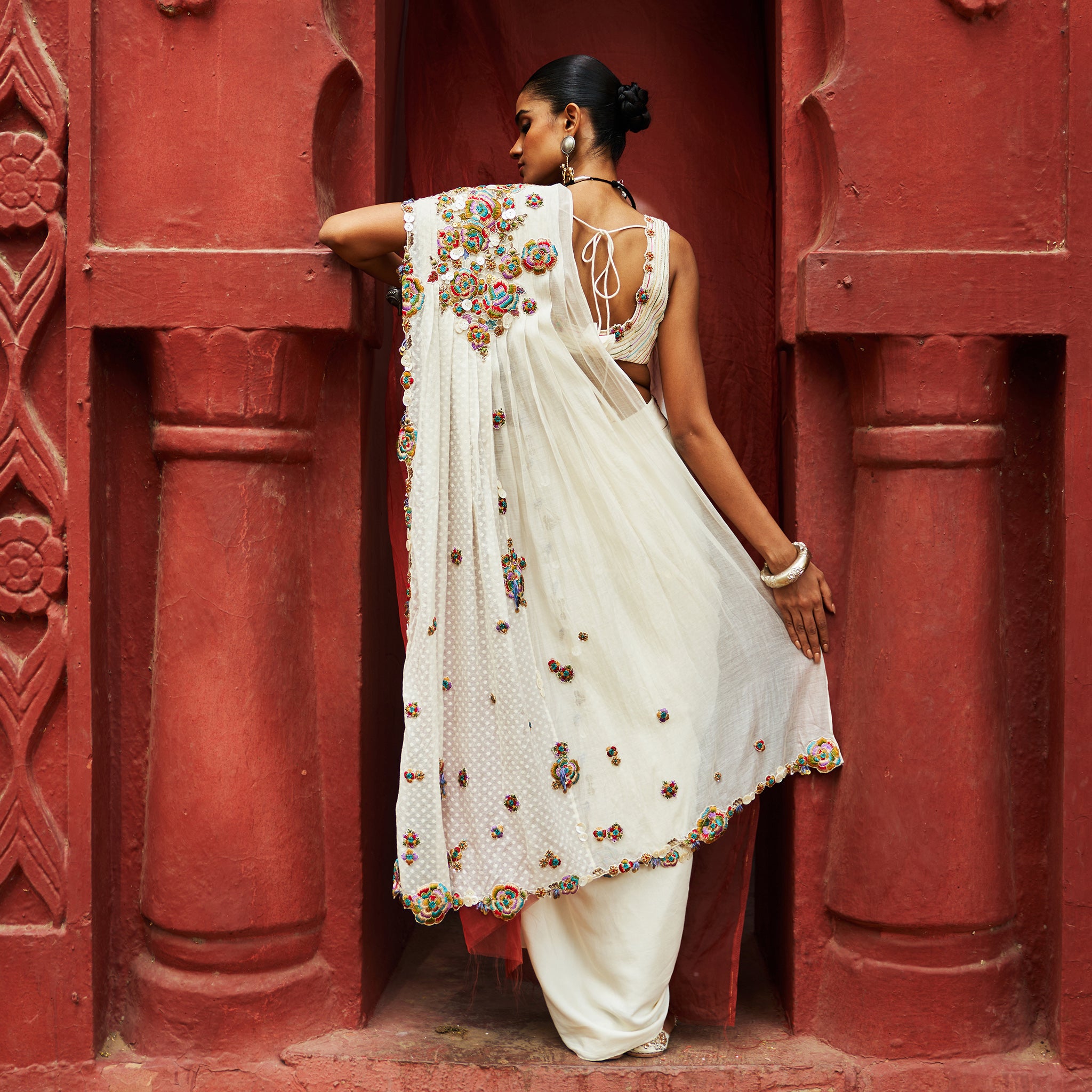 Ivory Pre Draped Saree Set