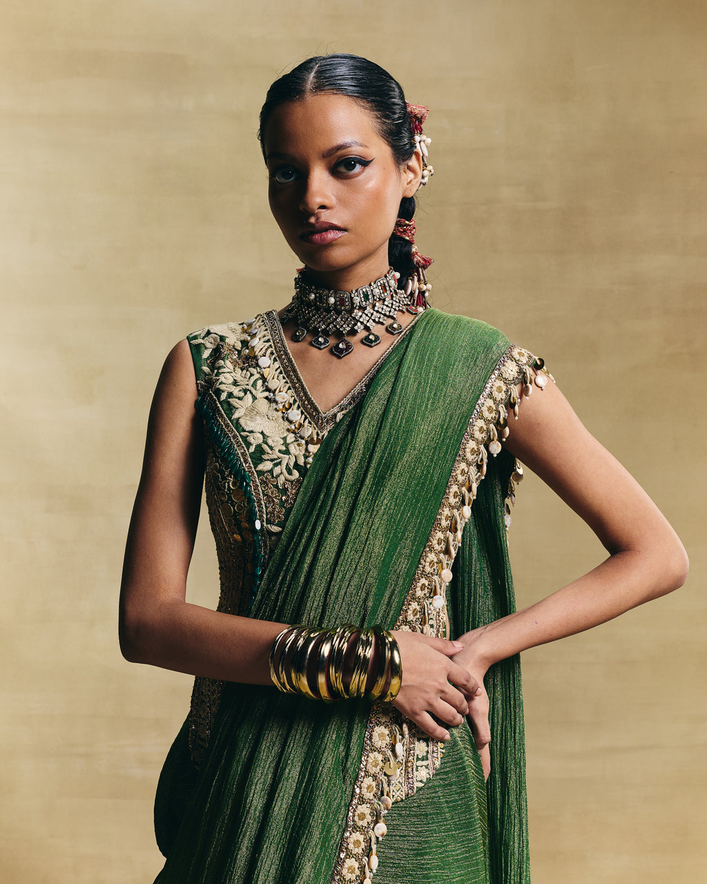 Green embroidered saree set