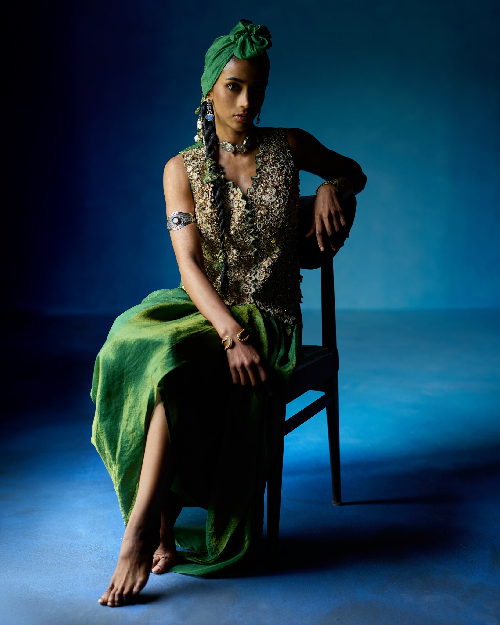 Green waistcoat & draped skirt 