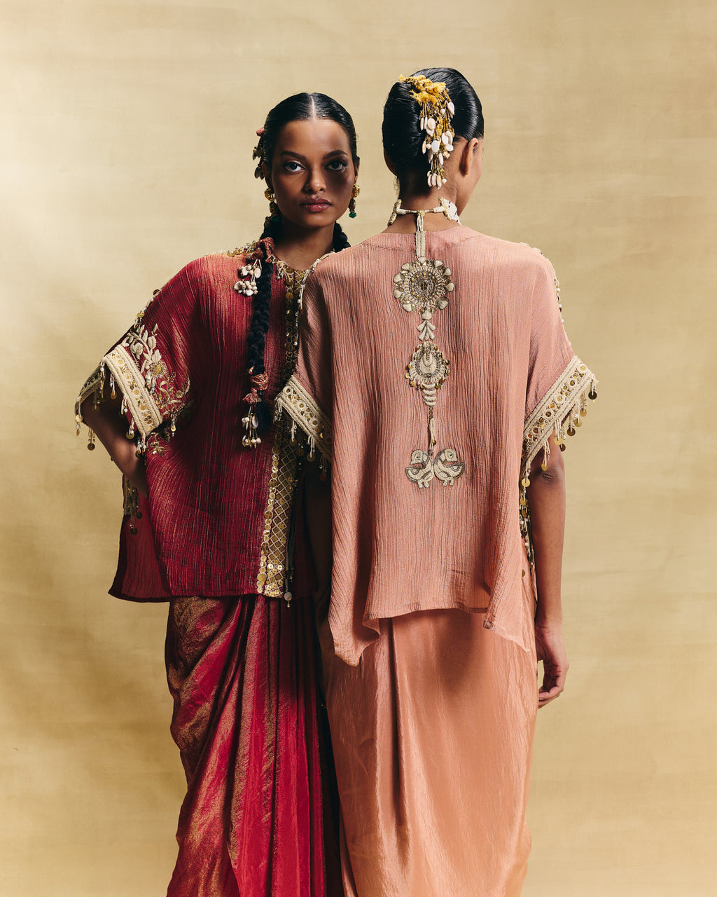 Red kaftan top & draped skirt
