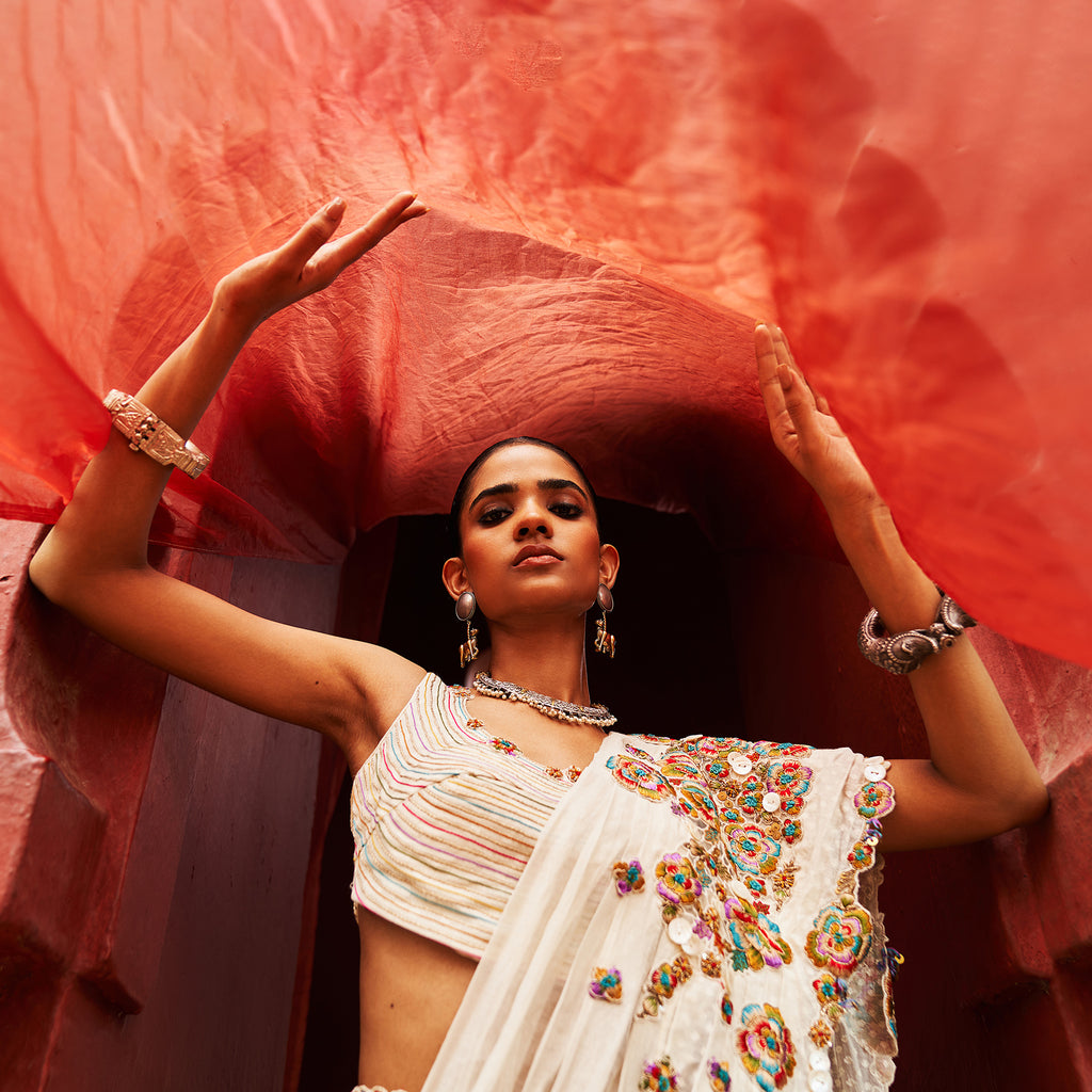 Ivory Pre Draped Saree Set