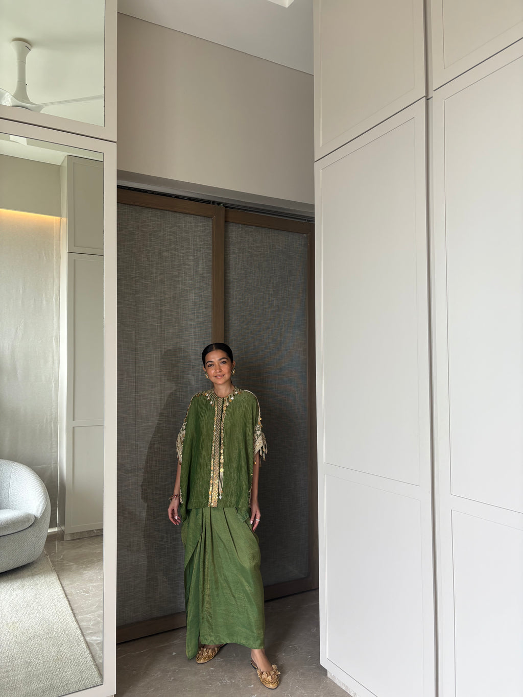Green kaftan top & draped skirt