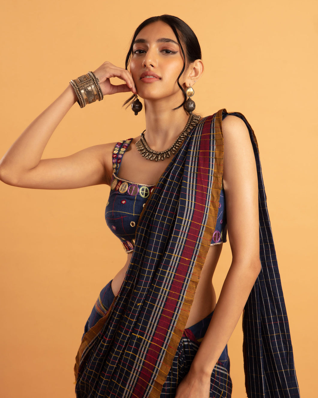 Blue draped saree set - (with sleeveless blouse)