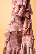 Load image into Gallery viewer, Rose pink (pre stitched) Printed Frill Sari + Embroidered Blouse
