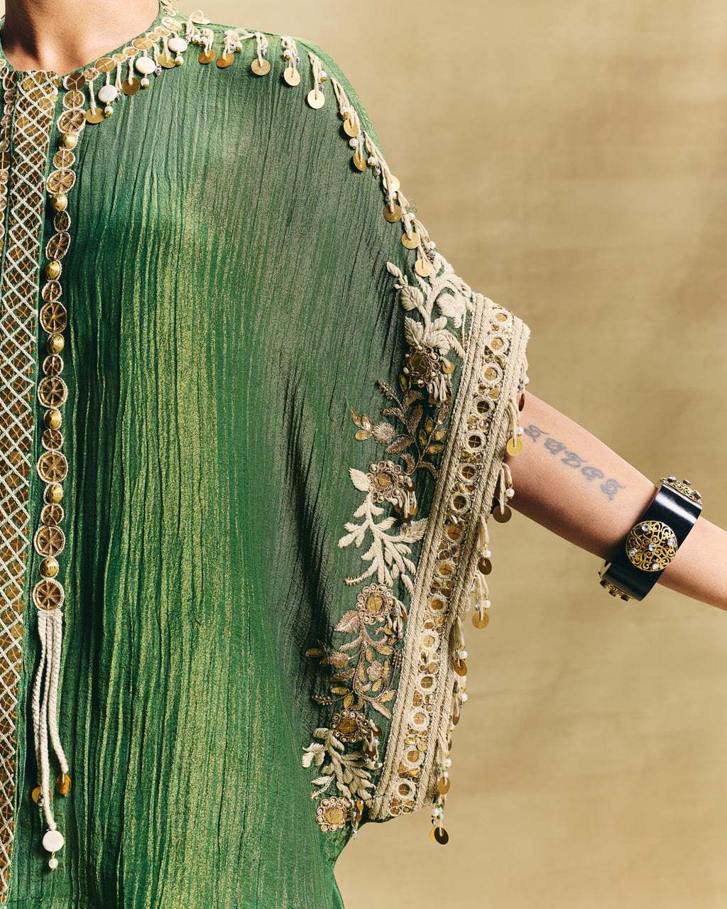 Green kaftan top & draped skirt