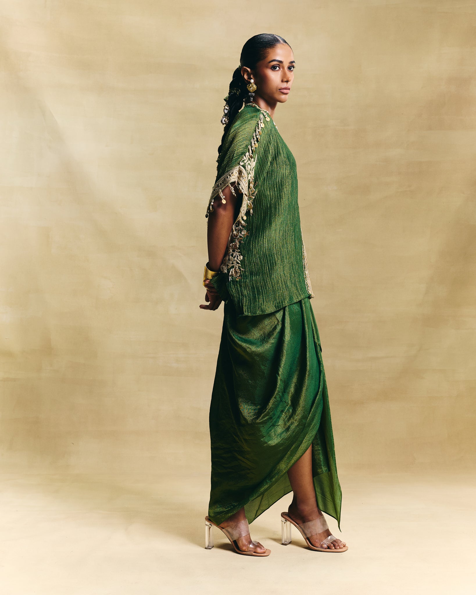 Green kaftan top & draped skirt