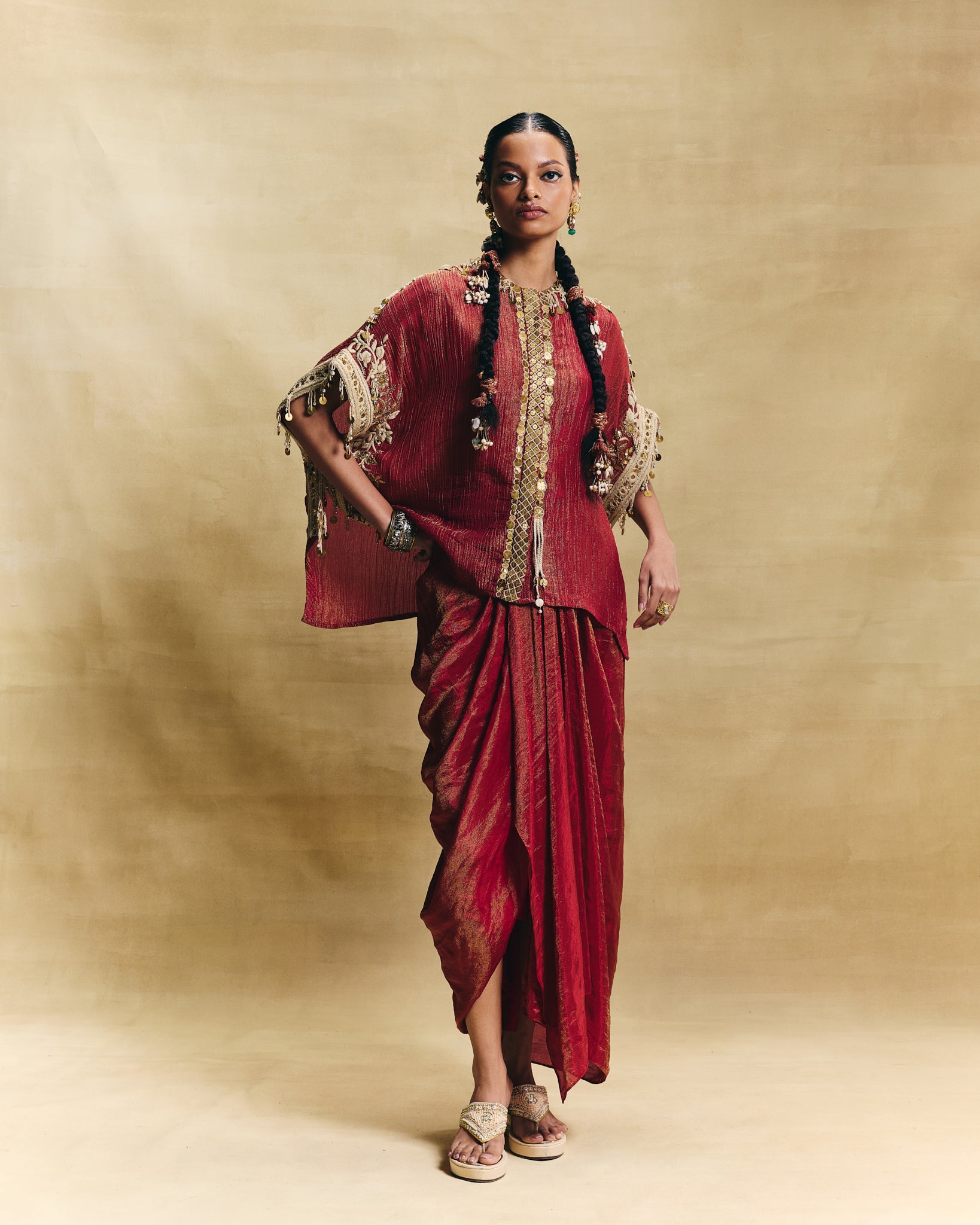 Red kaftan top & draped skirt