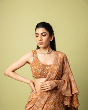 Load image into Gallery viewer, Brown (pre stitched) Printed Frill Sari + Embroidered Blouse
