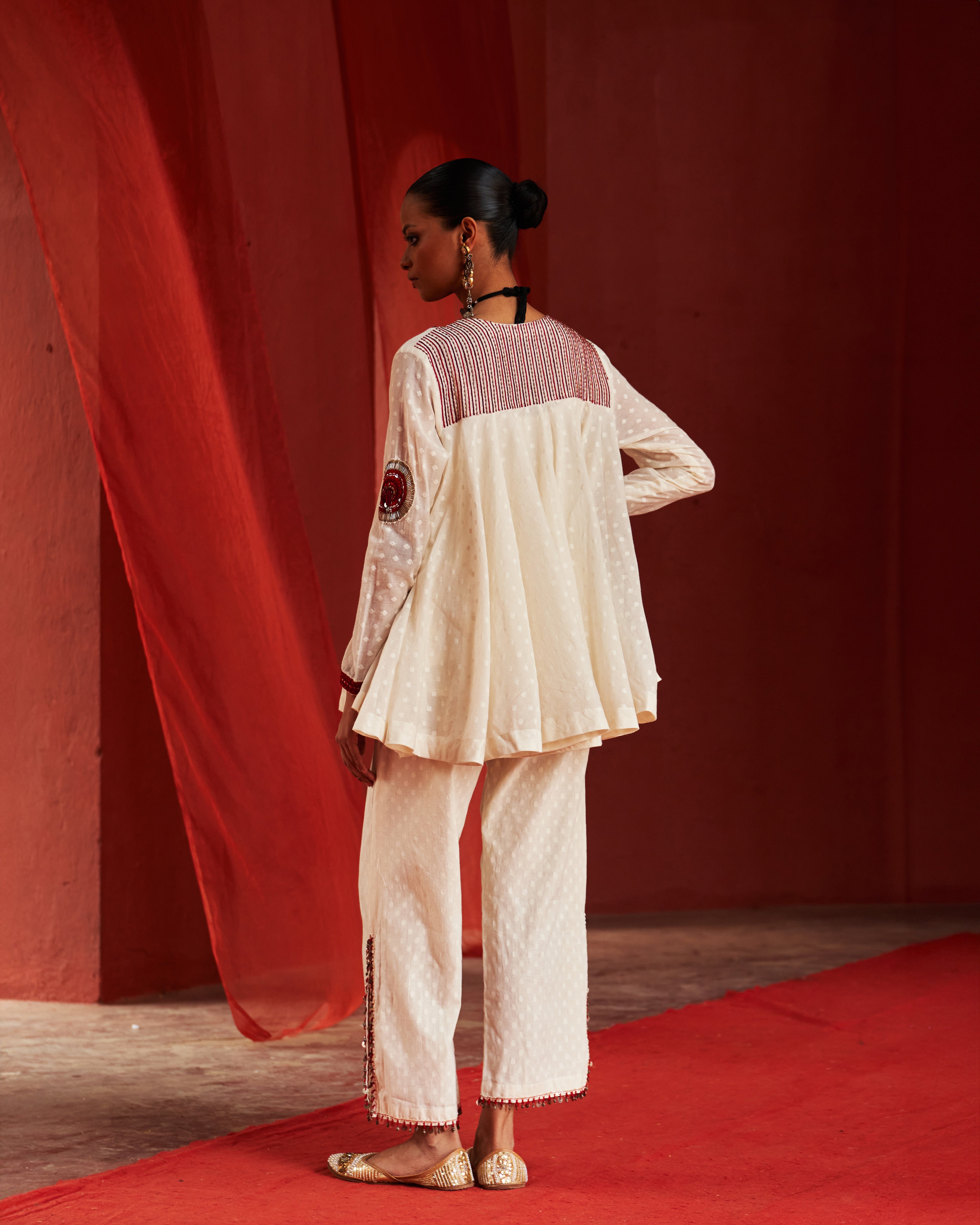 Ivory Peplum Top (Red work) & Slit Pants