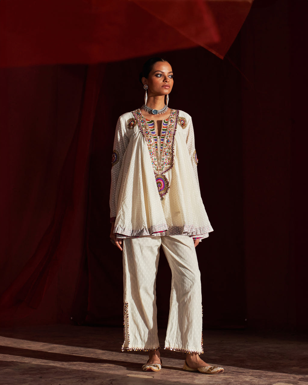 Ivory Peplum Top (colourful work)  & Slit Pants