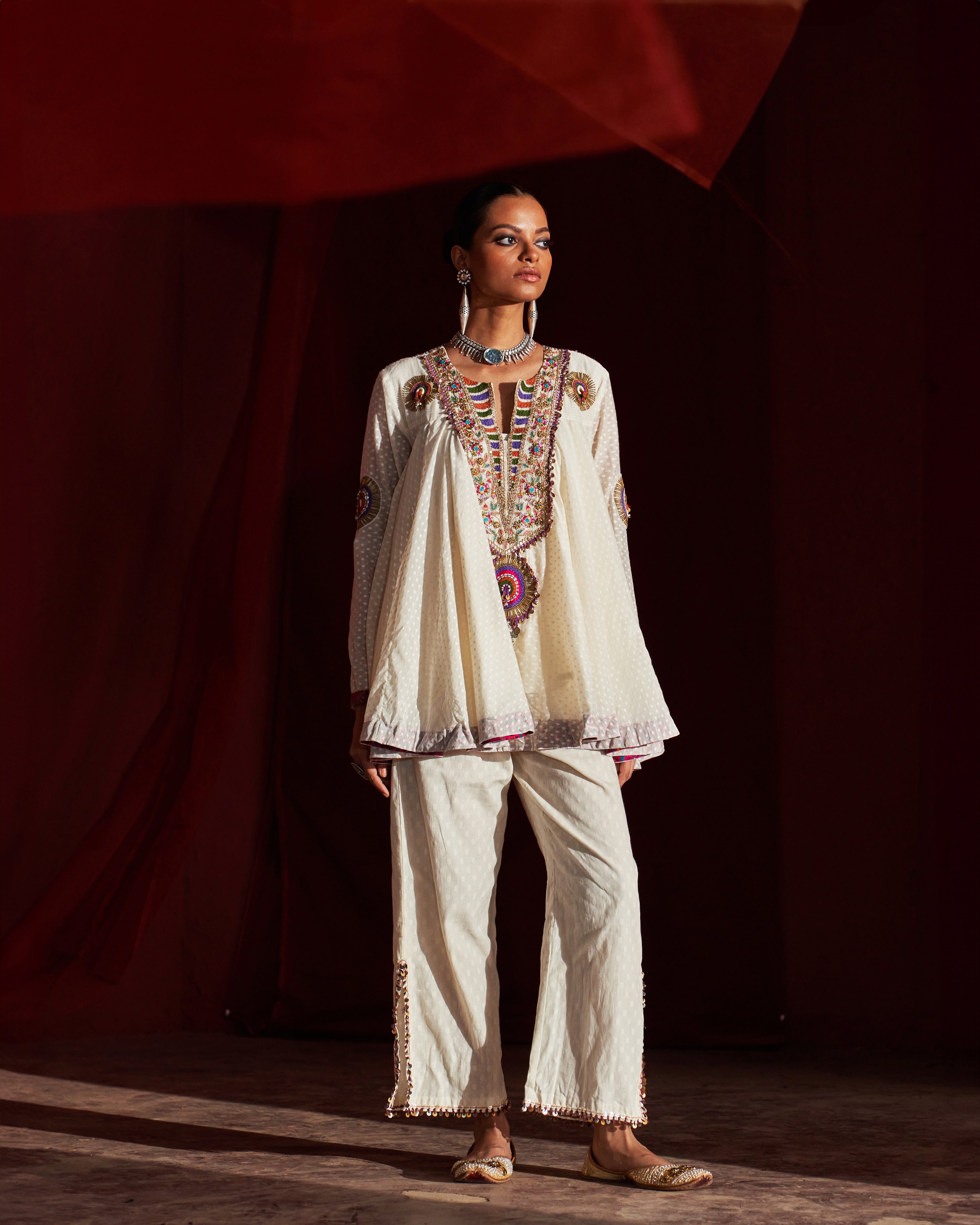 Ivory Peplum Top (colourful work)  & Slit Pants