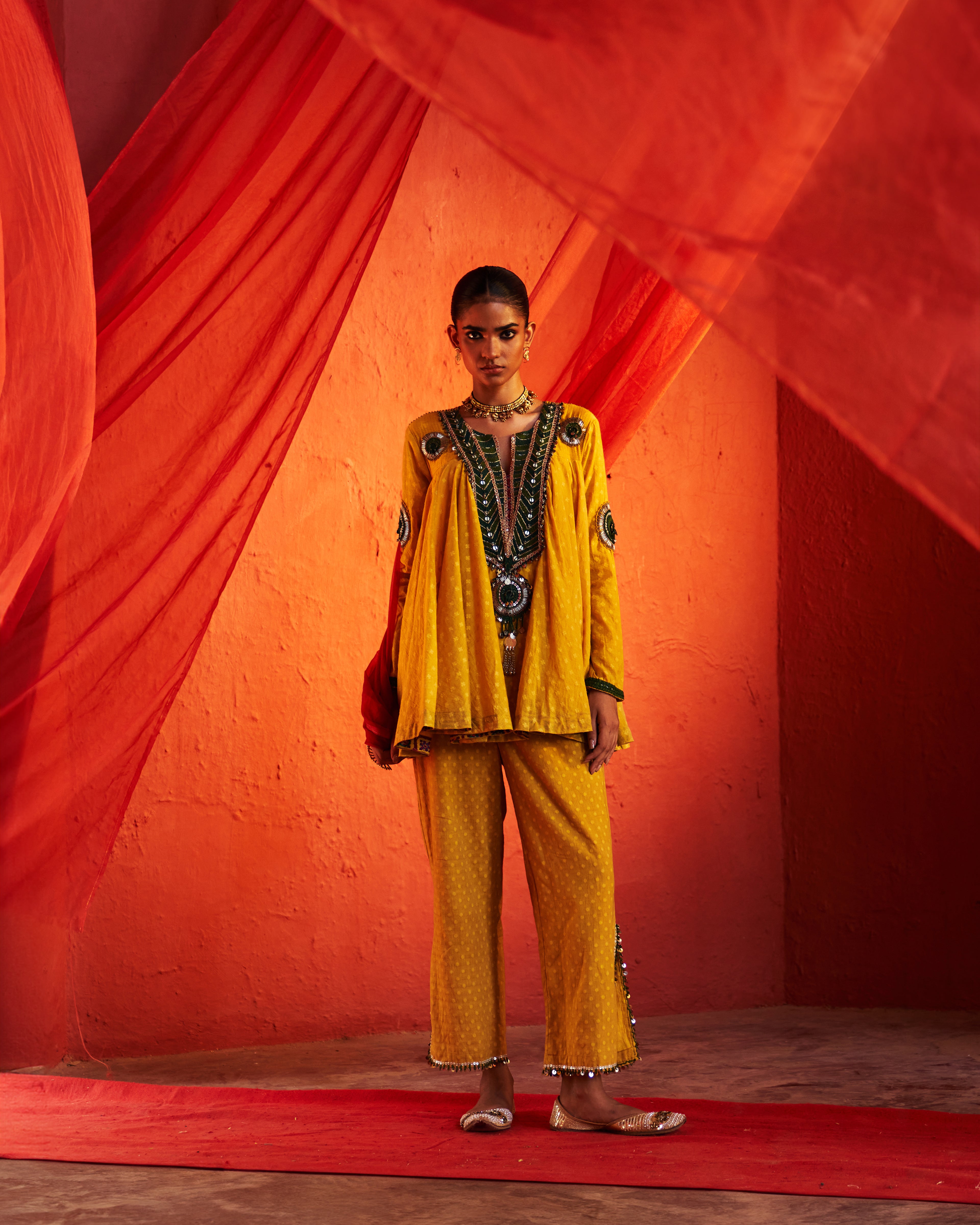 Mustard Peplum Top & Slit Pants