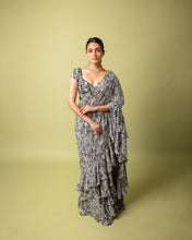 Load image into Gallery viewer, Black n white (pre stitched) &amp; Printed Frill Sari + Embroidered Blouse
