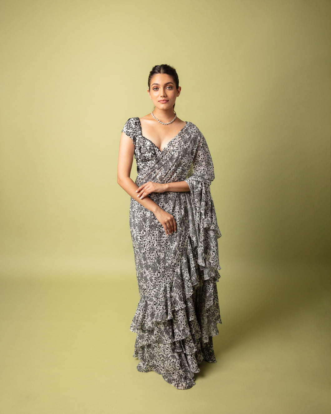 Black n white (pre stitched) & Printed Frill Sari + Embroidered Blouse