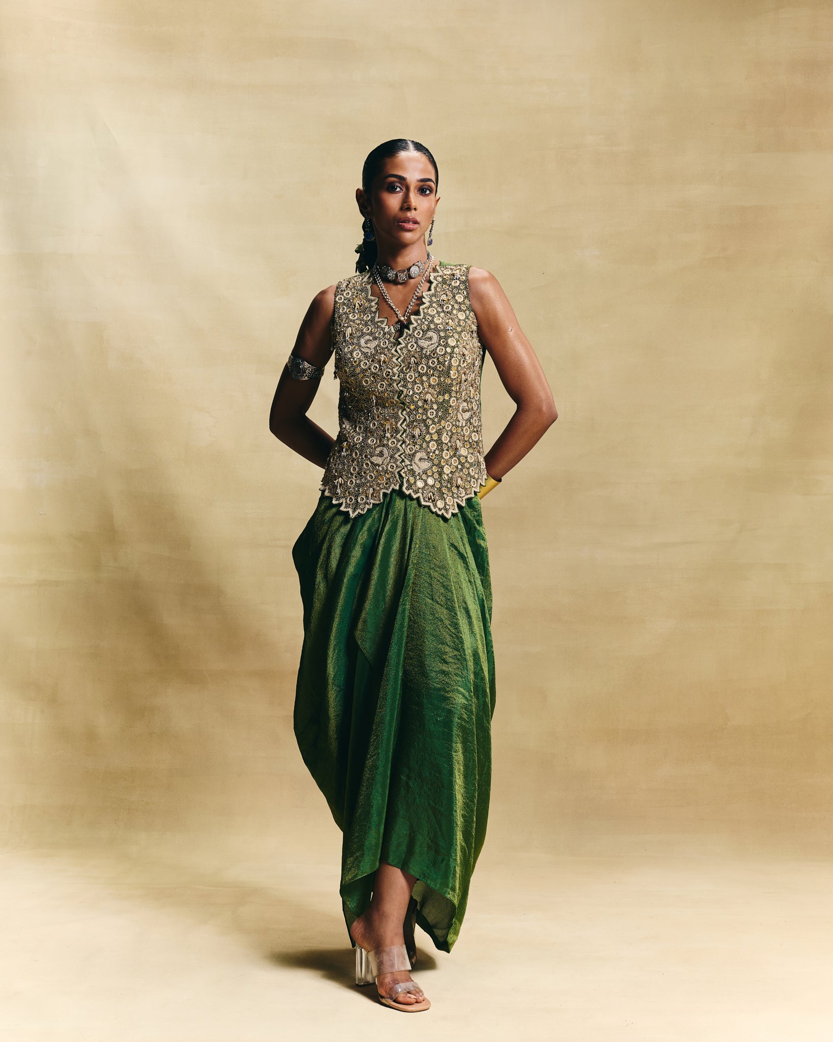 Green waistcoat & draped skirt 