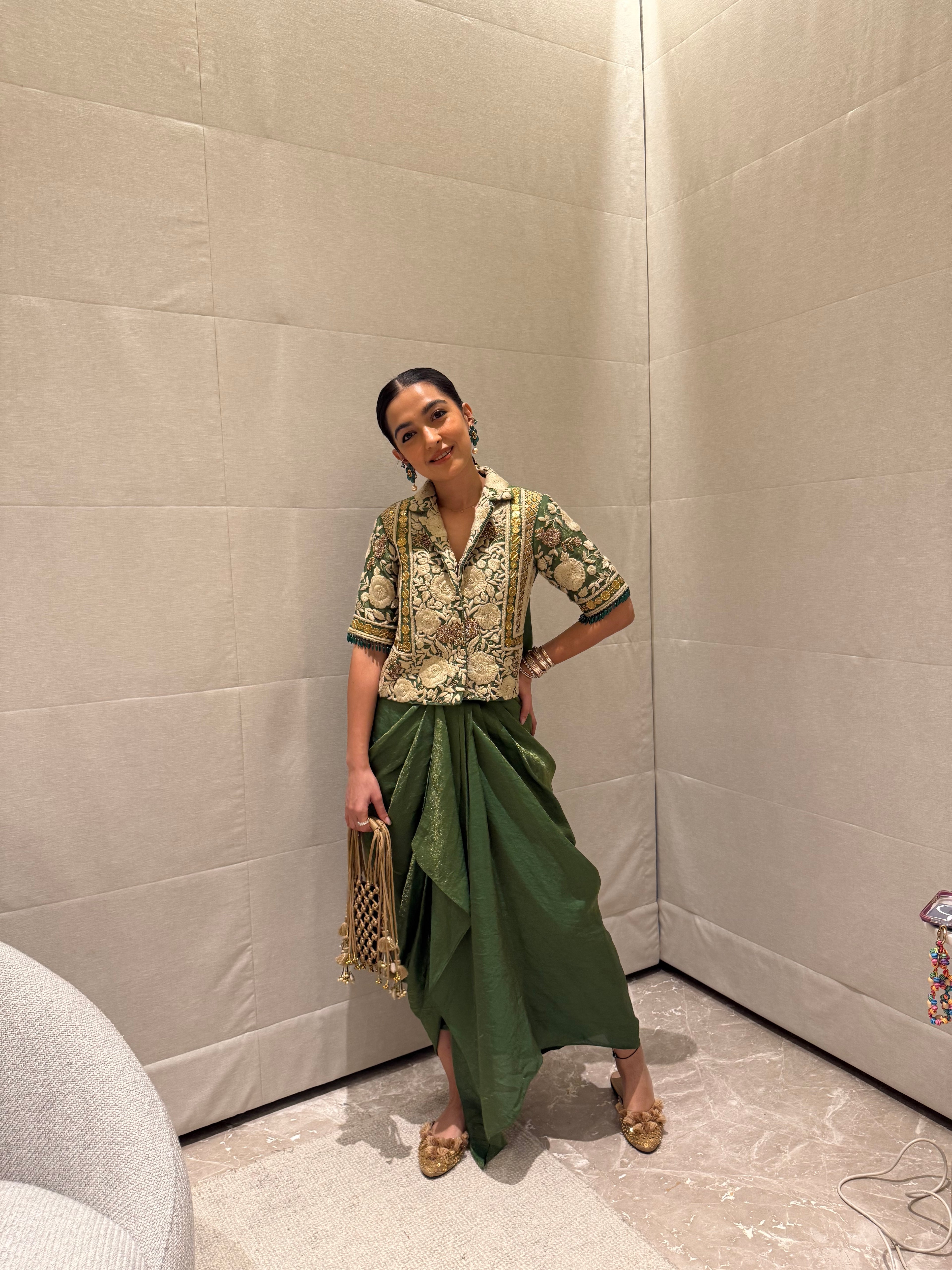 Green blazer with draped skirt