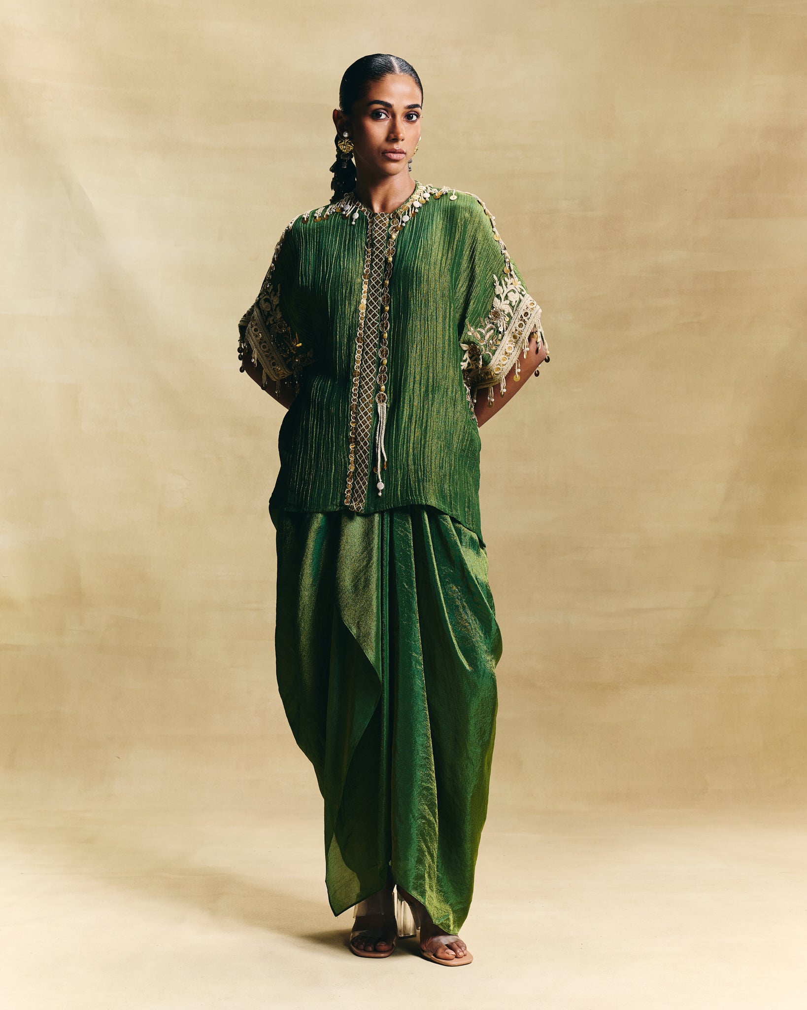 Green kaftan top & draped skirt