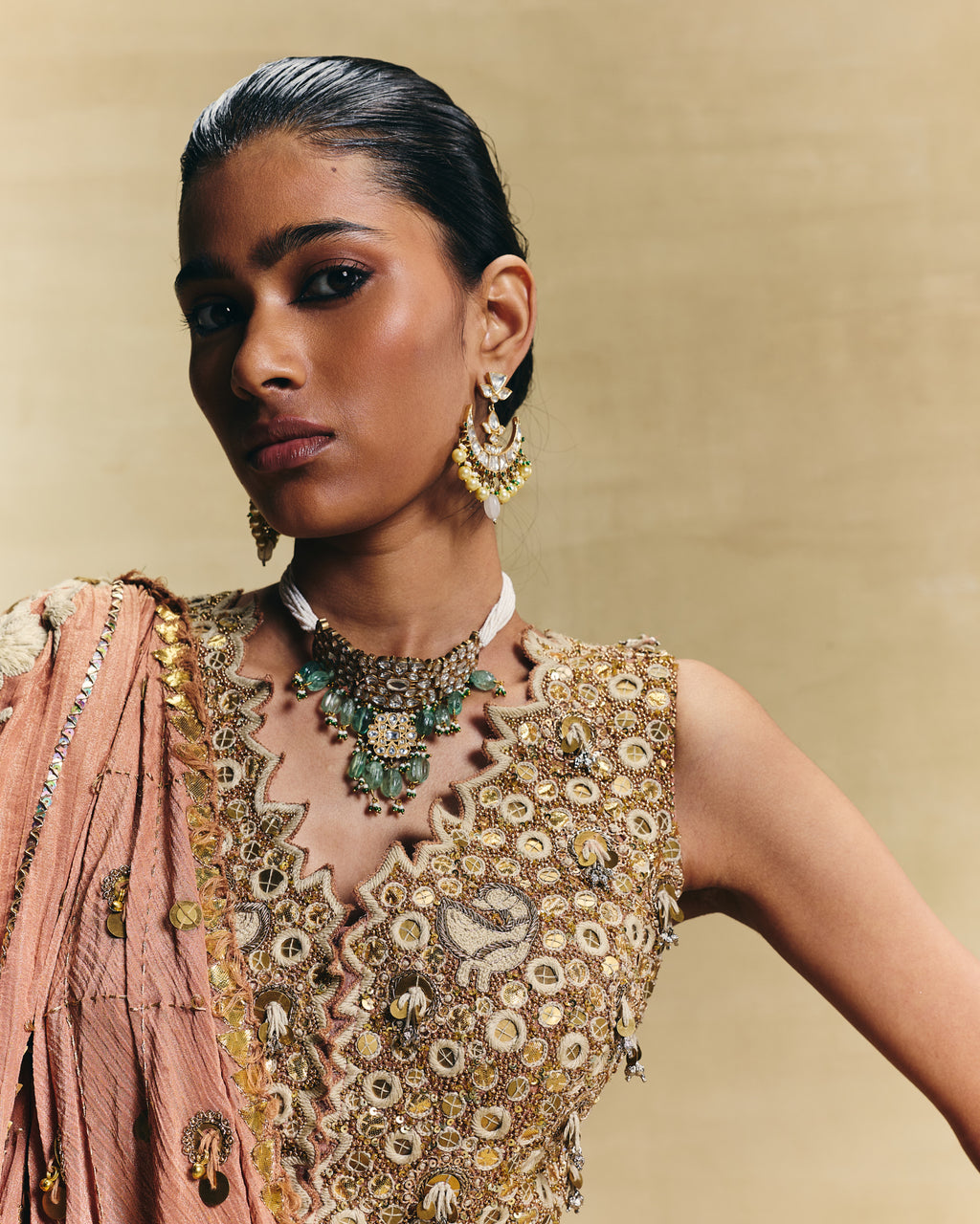 Peach waistcoat saree set