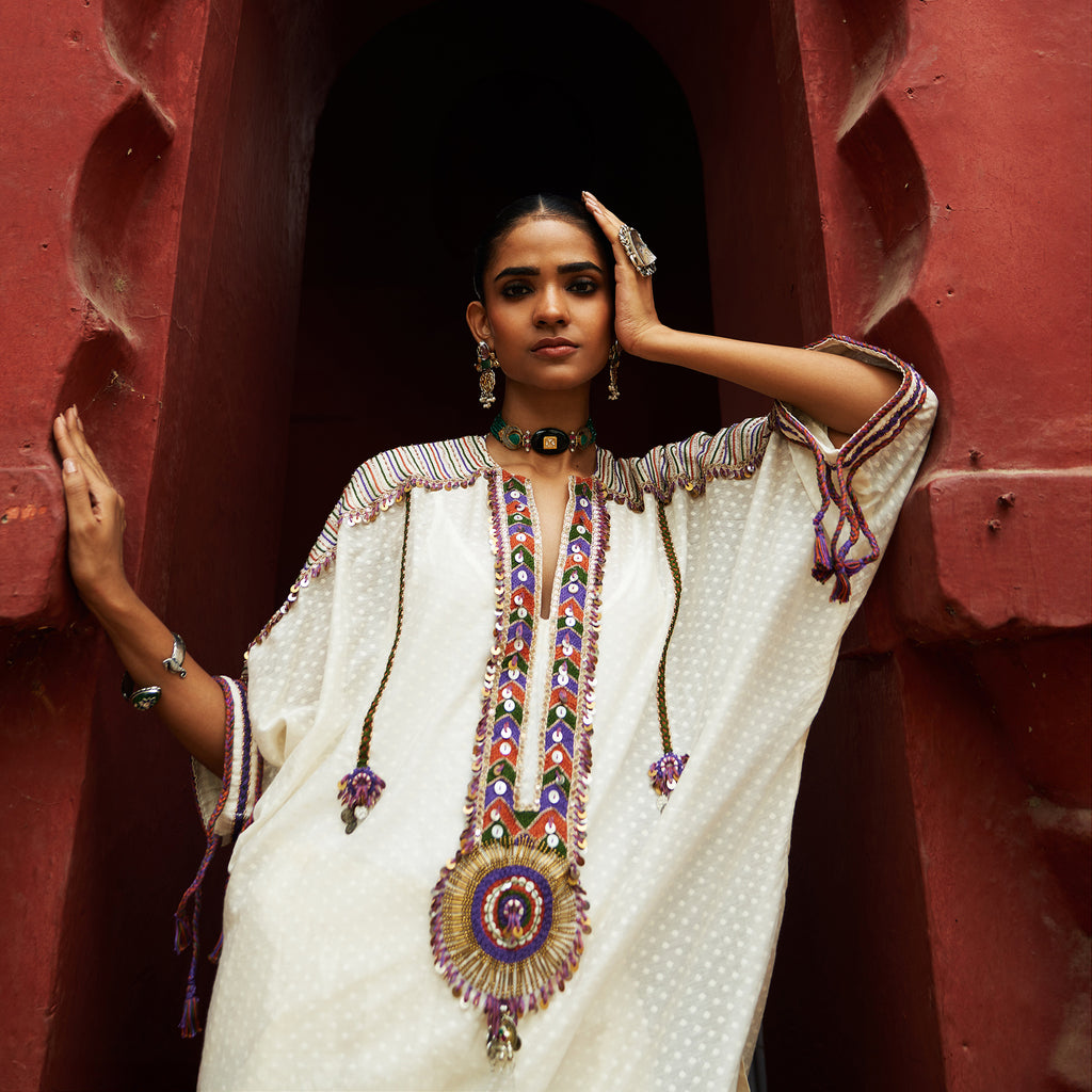 Ivory Long Kaftan Kurta & T Pants (multi thread)