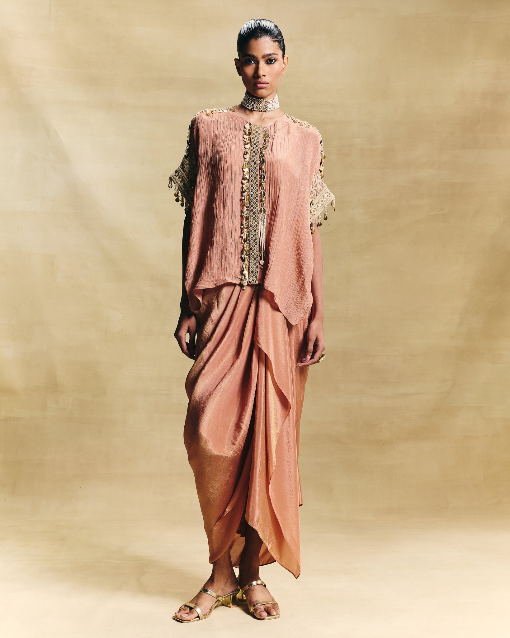 Peach kaftan top & draped skirt