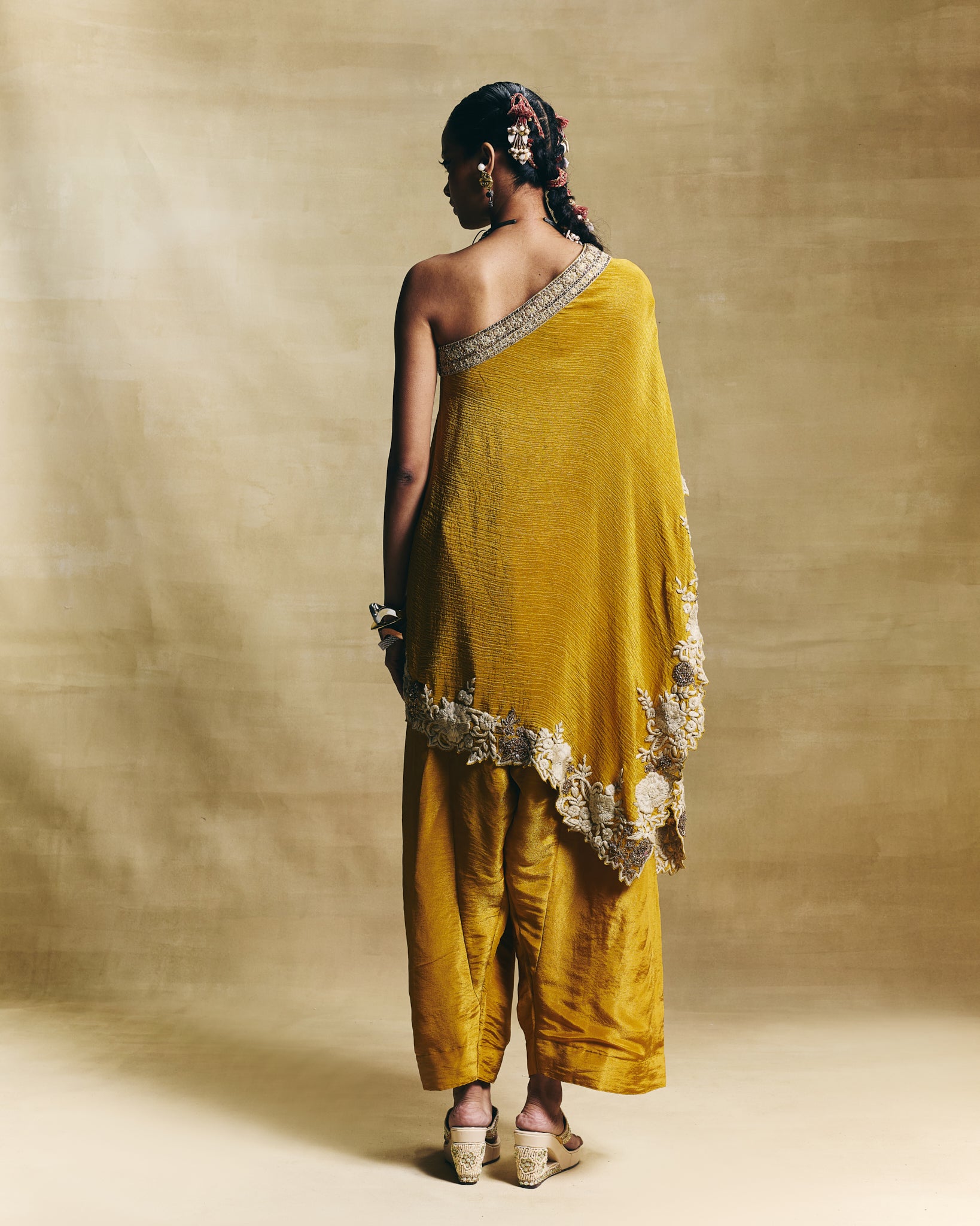 Mustard one shoulder top with farshi pants