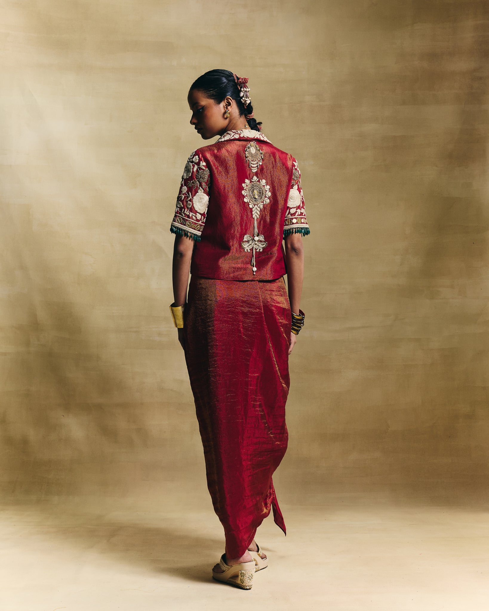 Red blazer with draped skirt