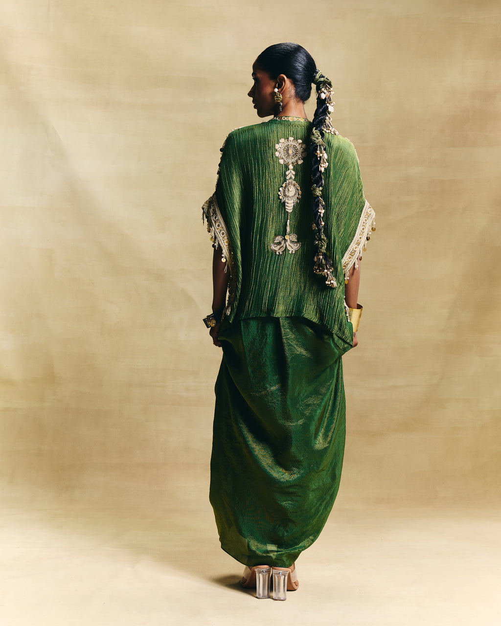 Green kaftan top & draped skirt
