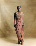 Peach cropped blouse with stitched saree