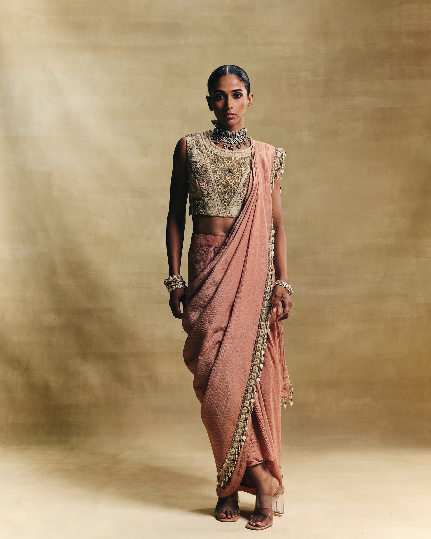 Peach cropped blouse with stitched saree