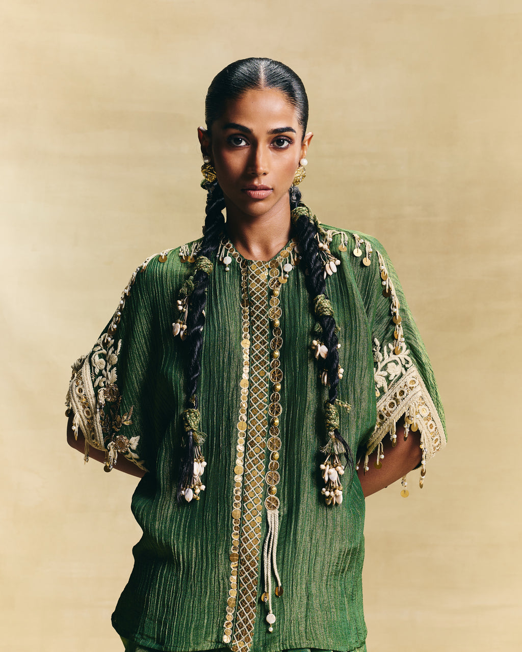 Green kaftan top & draped skirt