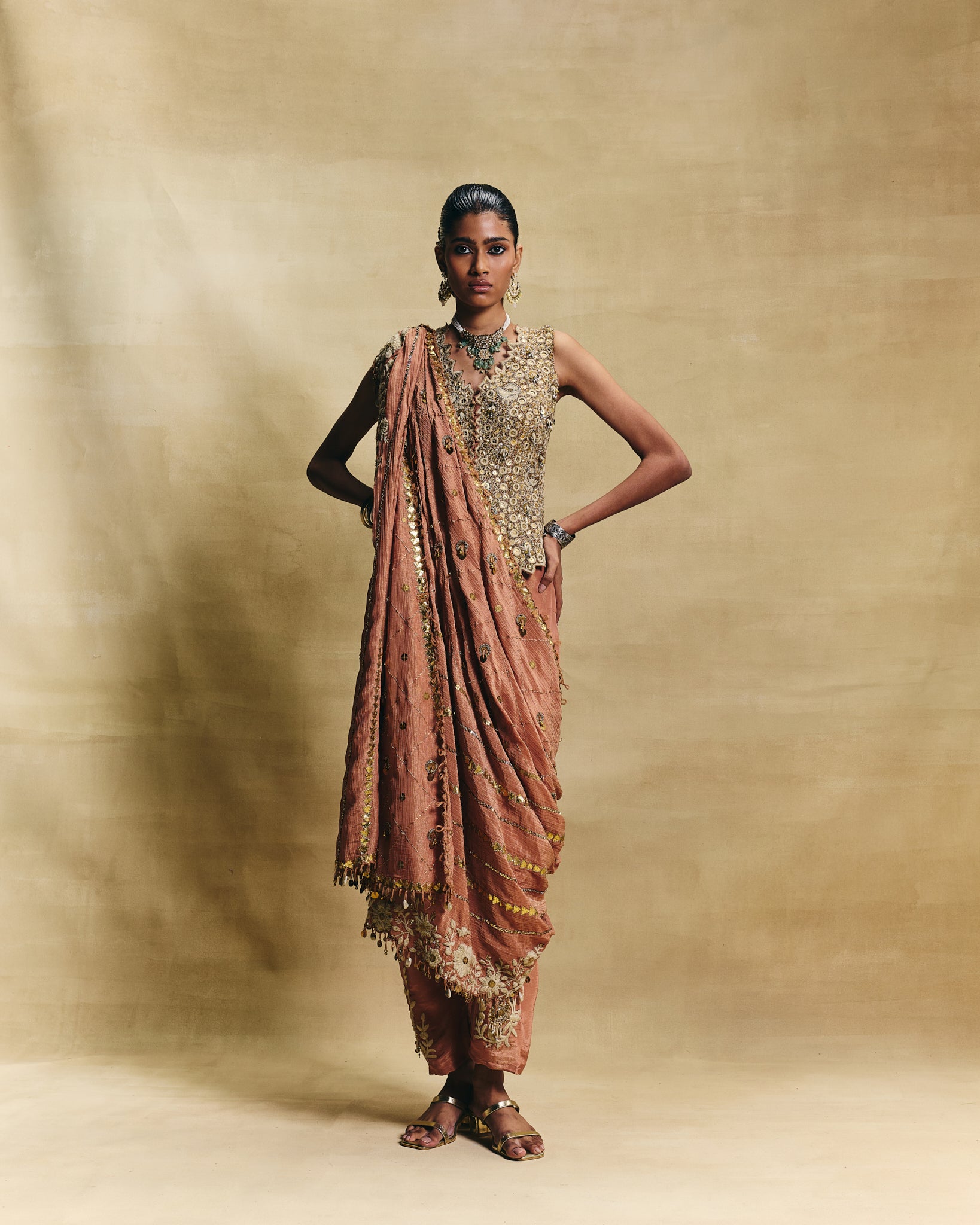 Peach waistcoat saree set
