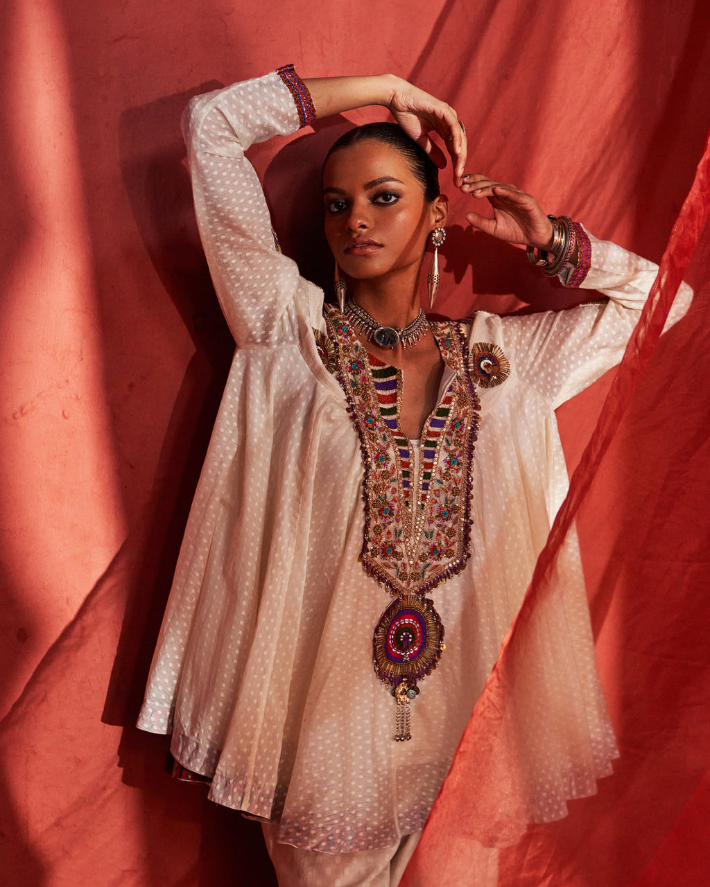 Ivory Peplum Top (colourful work)  & Slit Pants