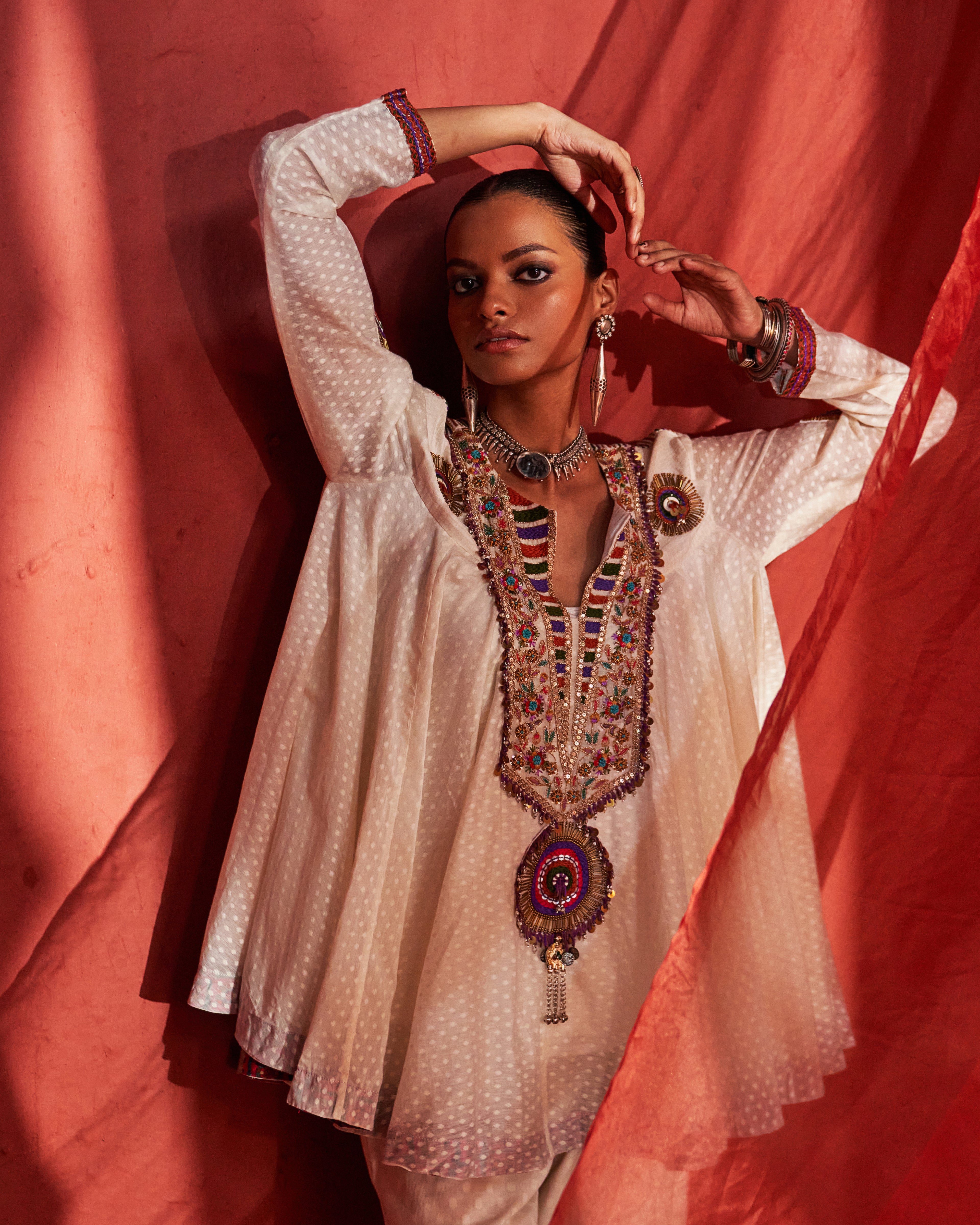 Ivory Peplum Top (colourful work)  & Slit Pants