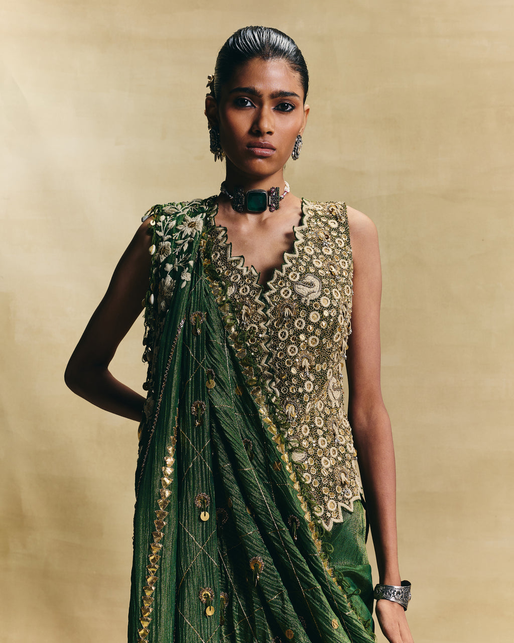Green waistcoat saree set