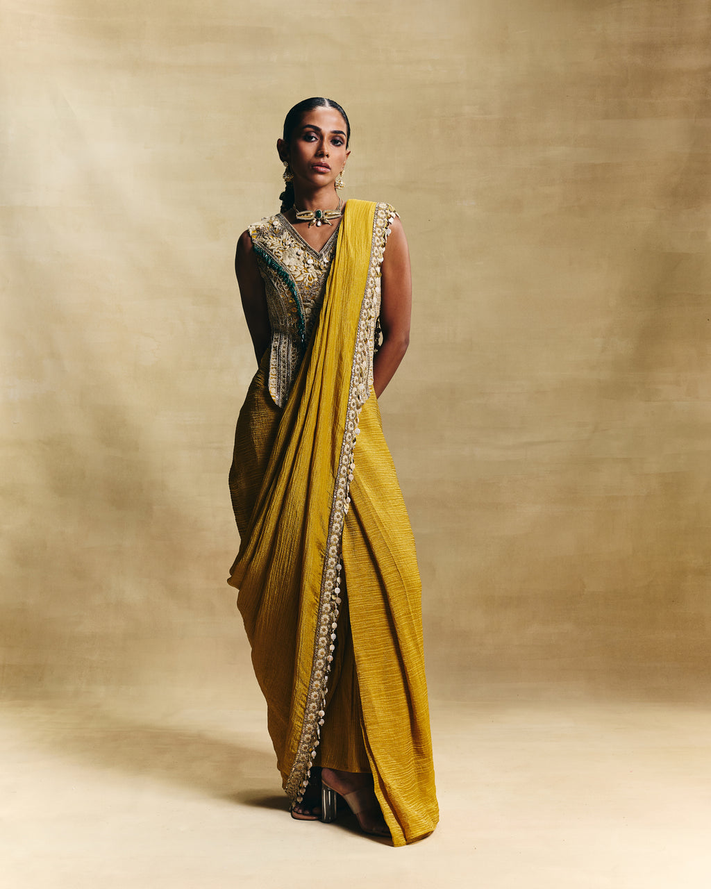 Mustard stitched saree