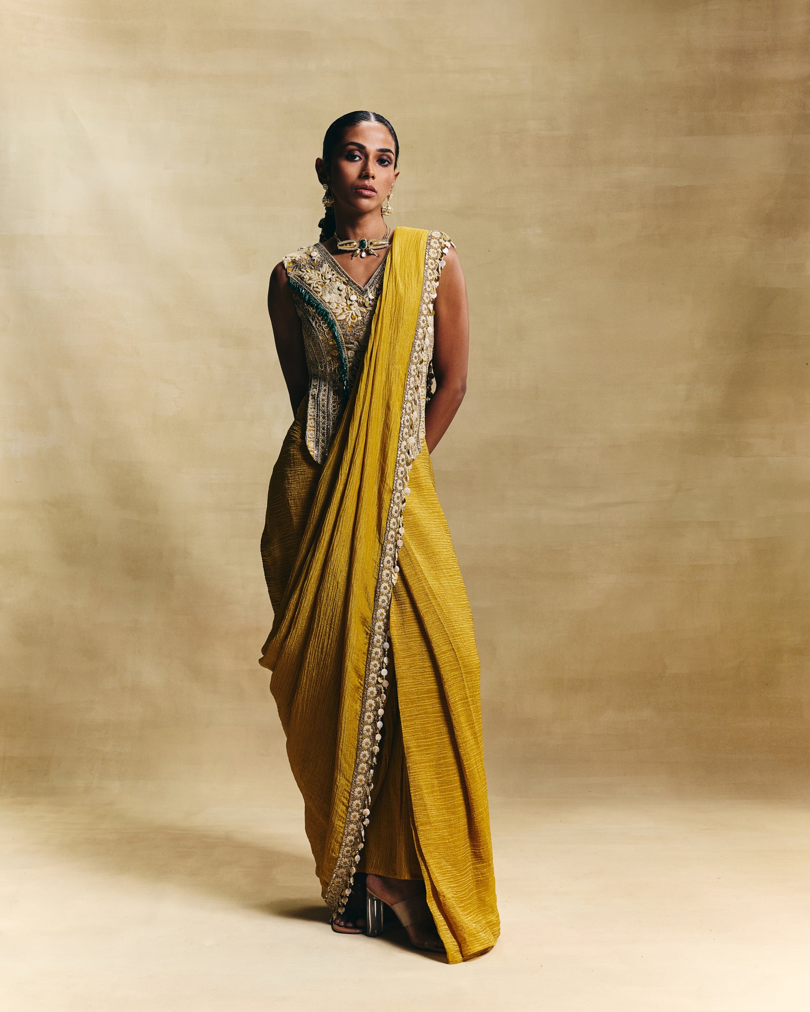 Mustard stitched saree