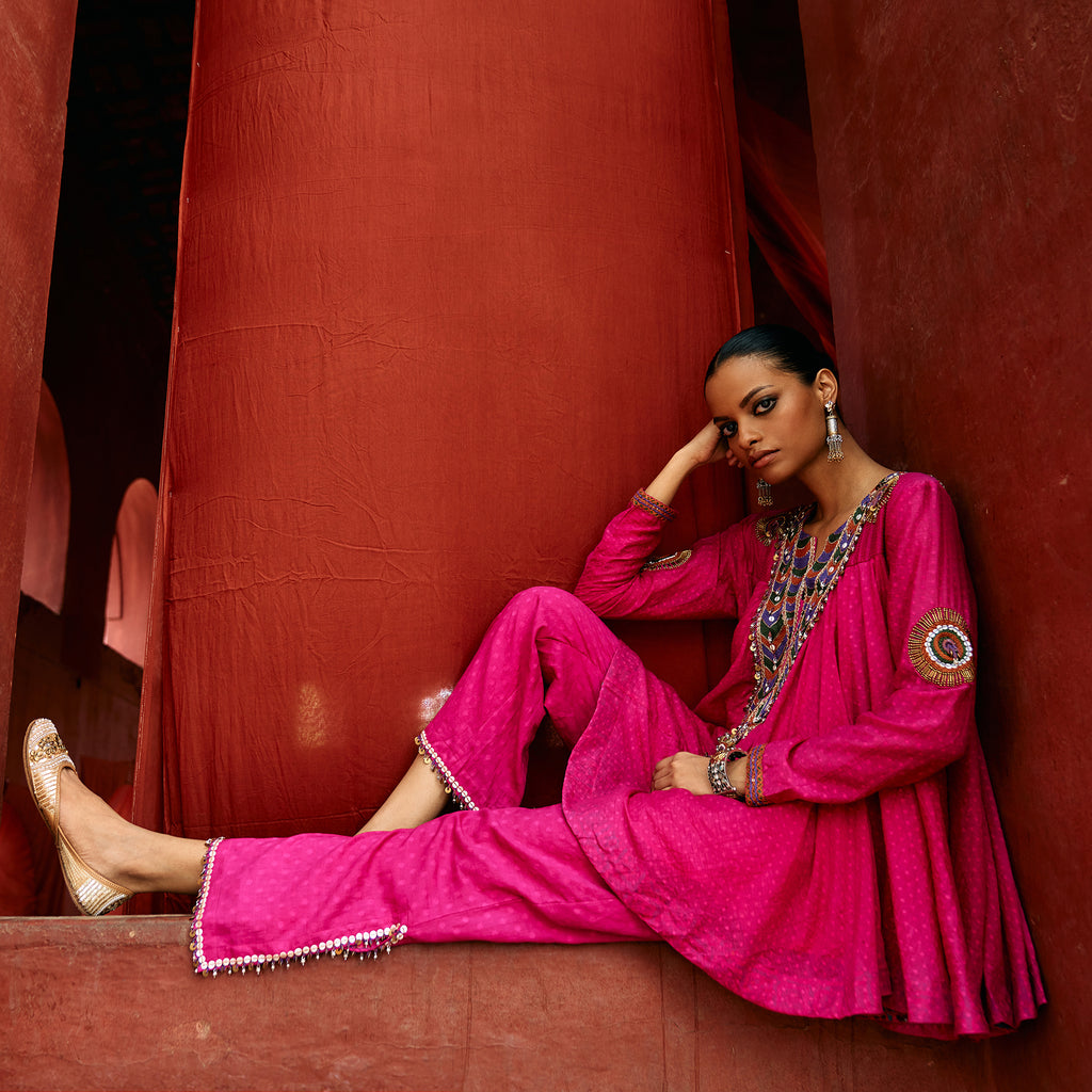 Pink Peplum Top & Slit Pants