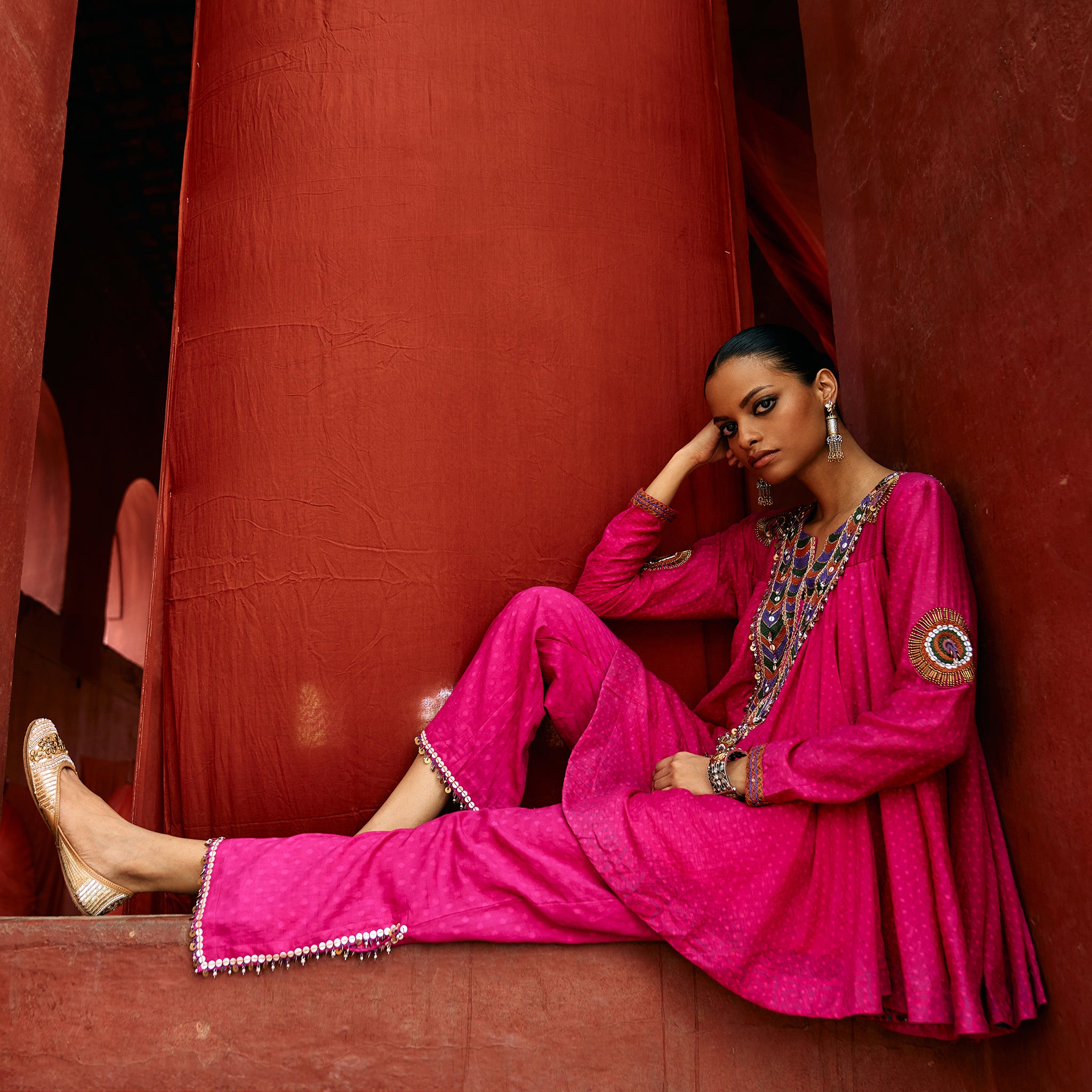 Pink Peplum Top & Slit Pants