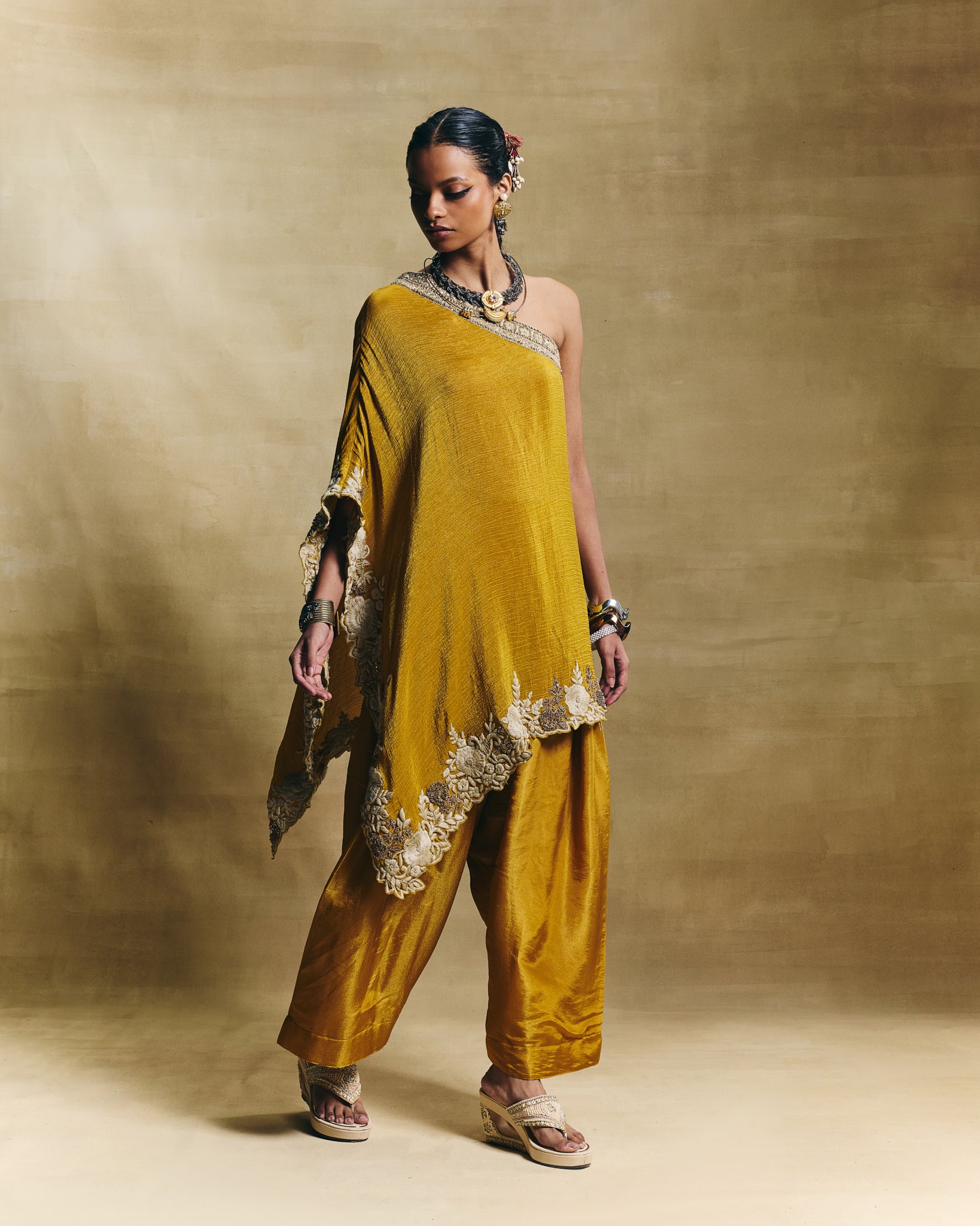 Mustard one shoulder top with farshi pants