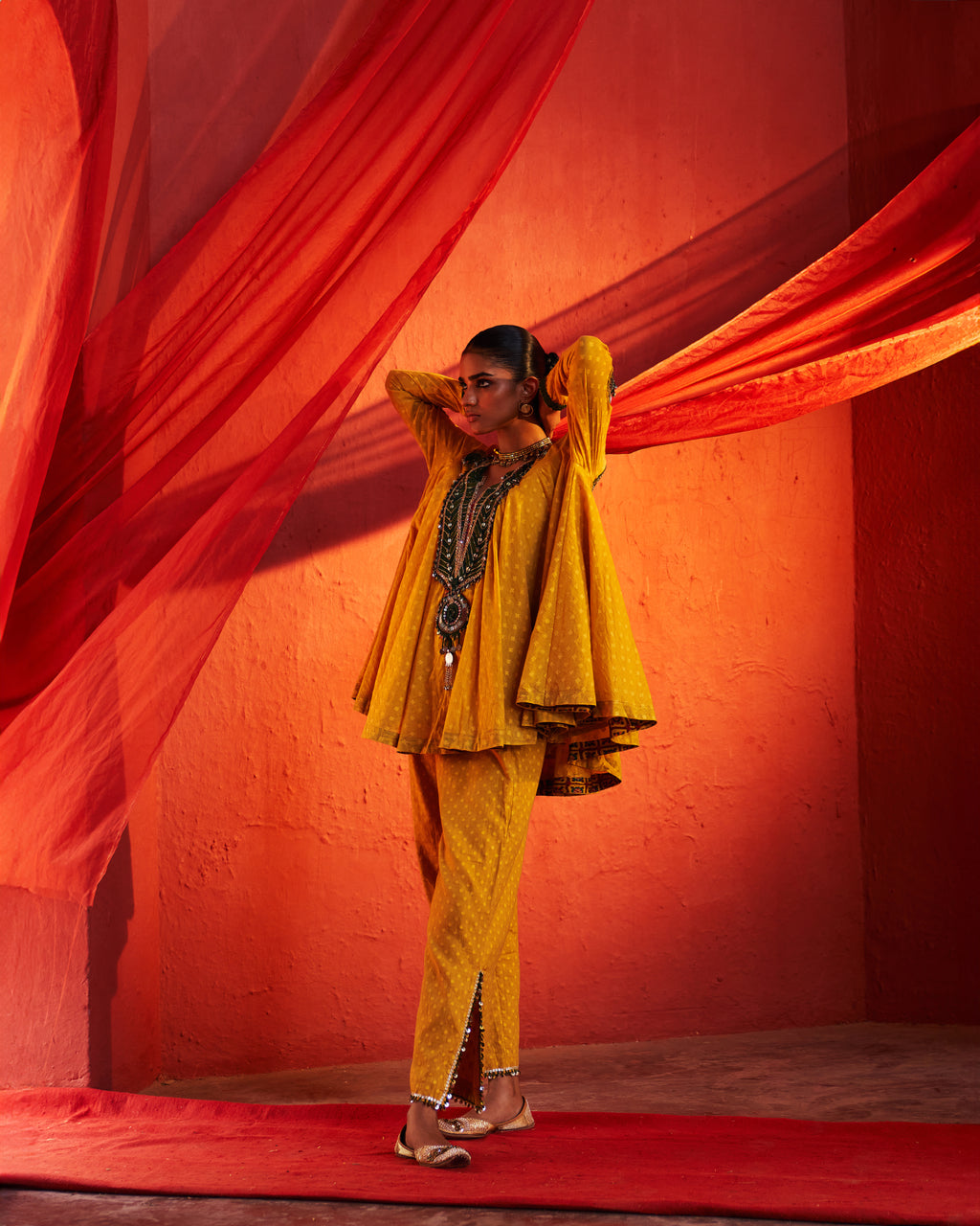Mustard Peplum Top & Slit Pants