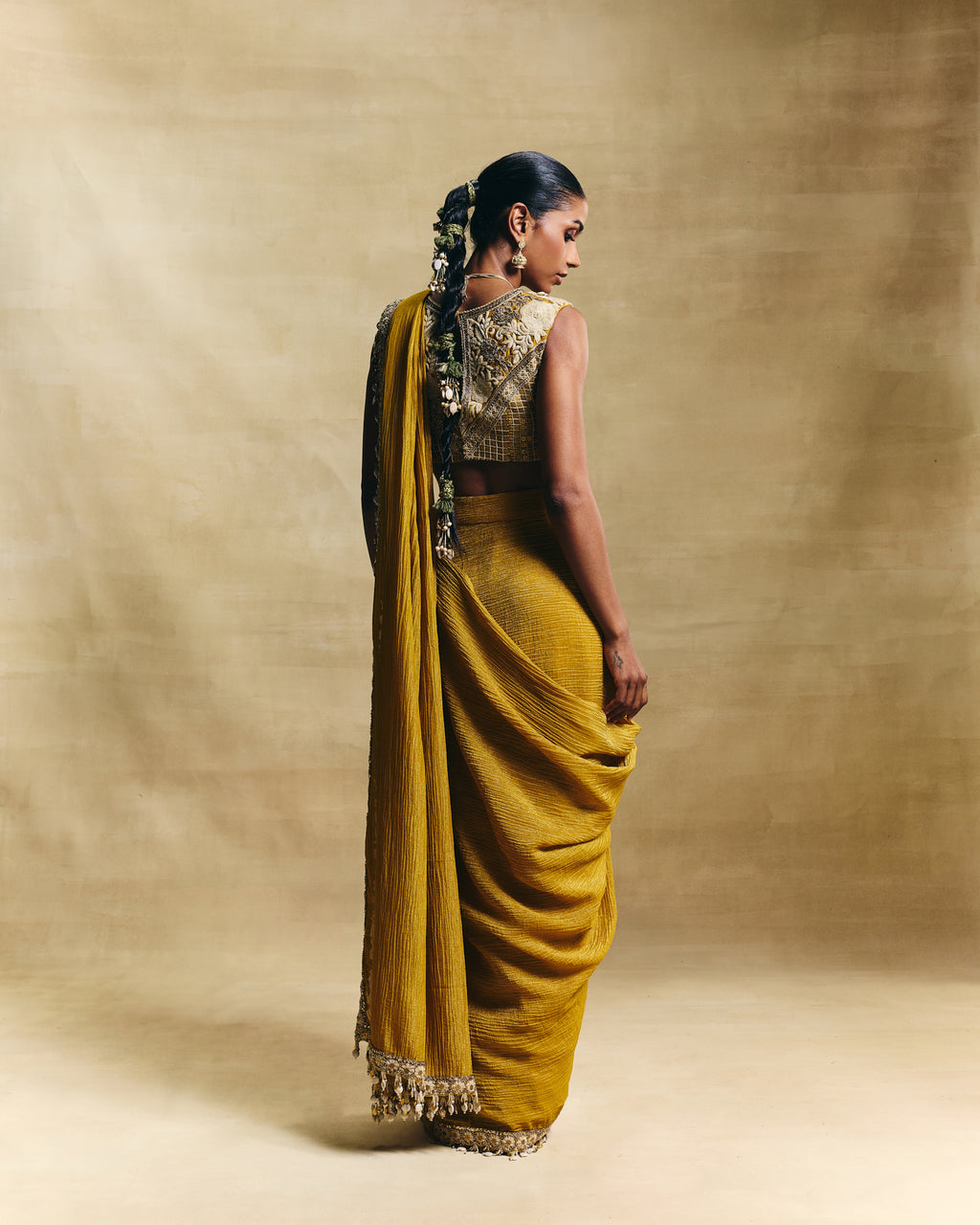 Mustard stitched saree