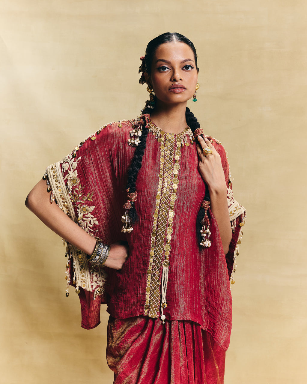Red kaftan top & draped skirt