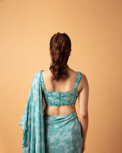Load image into Gallery viewer, Teal (pre stitched)Printed Frill Sari + Embroidered Blouse
