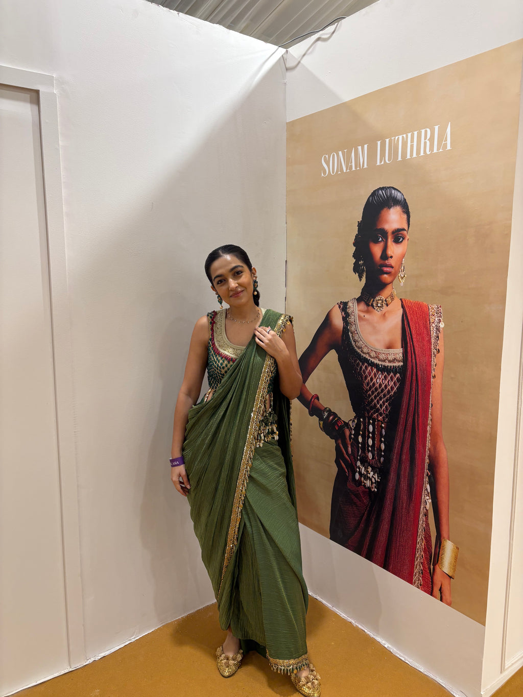 Green lovely blouse with stitched saree