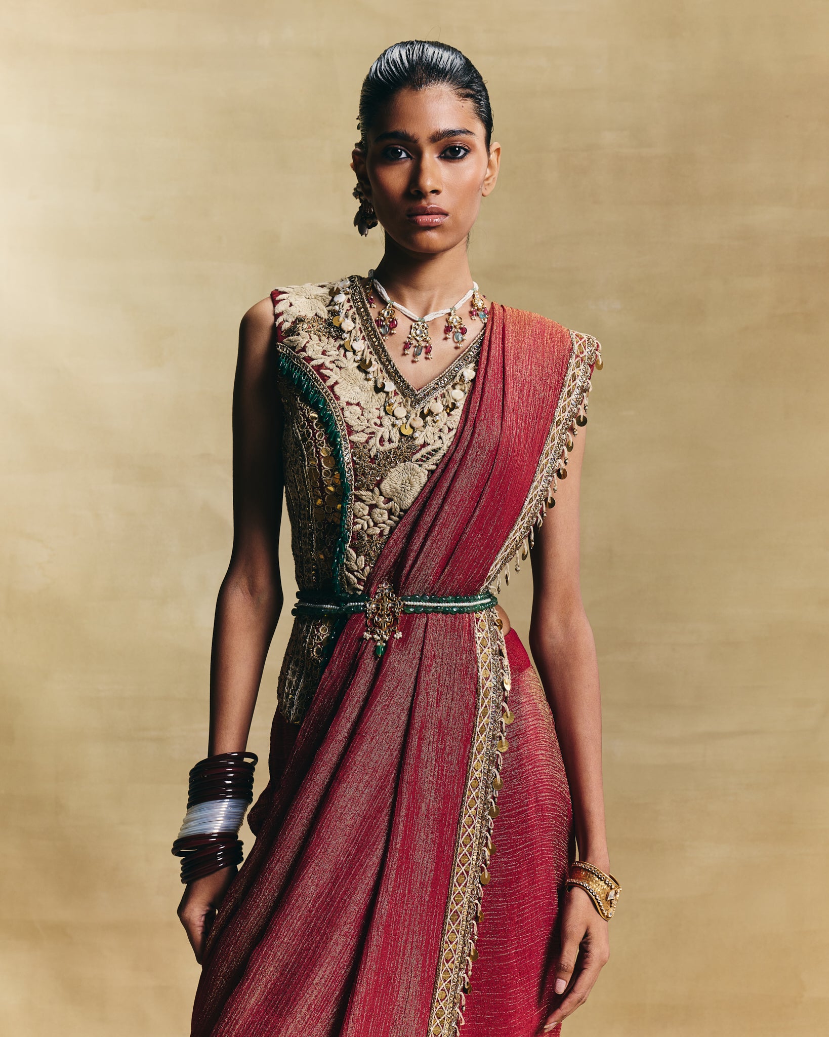 Red stitched saree set