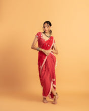 Load image into Gallery viewer, Red draped saree set - (with short sleeves blouse)
